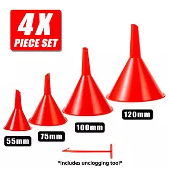 4x пищевой пластик, мини-маленькая, средняя, большая воронка для жидкости для кухни, гаража, заправки топливом, моторного масла с инструментом для прочистки красный
