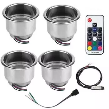 4x Stainless Steel Cup Drink Holder with 14LED RGB Lights+Remote Car Marine Boat