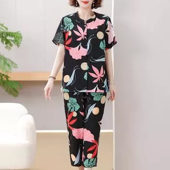 4XL-8XL Большие размеры Летние комплекты из двух предметов Женская винтажная одежда Элегантные комплекты брюк больших размеров Повседневные блузки 4XL чёрный