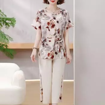 4XL-8XL Большие размеры Летние шифоновые комплекты из двух предметов Женская винтажная одежда Элегантные комплекты брюк больших размеров Повседневные блузки 4XL