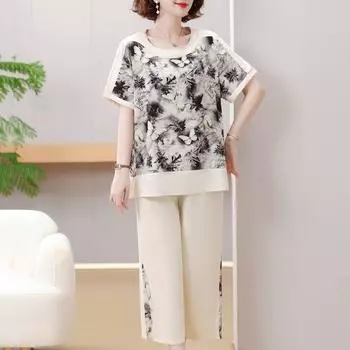 4XL-8XL Плюс Размер Летний Шифоновый Комплект Из 2 Предметов Для Женщин Винтажная Одежда Элегантные Брюки Оверсайз Комплекты Повседневные Блузки 4XL чёрный