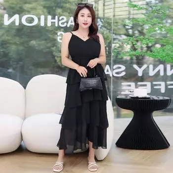 4XL-8XL женское летнее новое платье большого размера с v-образным вырезом и животом, тонкая модная темпераментная юбка-тортик 4XL чёрный