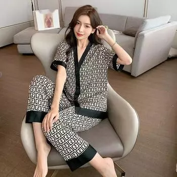 4XL плюс размер женщин пижамный комплект ледяной шелк пижамы с длинными/короткими рукавами пижамный комплект M чёрный