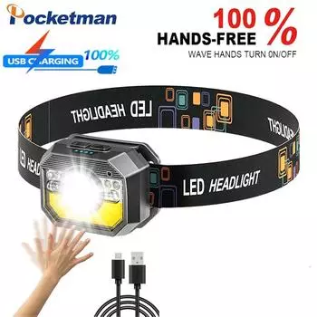 50000LM Датчик движения тела Светодиодный налобный фонарь USB Перезаряжаемая фара с аккумулятором Головной фонарь для рыбалки