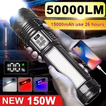 50000LM Светодиодные фонари высокой мощности Встроенный аккумулятор 15000 мАч Вспышка Аварийный прожектор Самый мощный фонарь 15000mAh