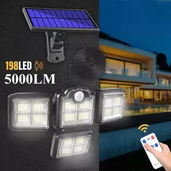 5000LM 198LED Солнечный настенный светильник с четырьмя вращающимися головками, водонепроницаемый солнечный уличный светильник, индукционный светильник для сада и улицы с эффектом человеческого тела Integrated type-300LM
