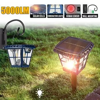 5000LM Многофункциональные ретро-солнечные светильники Газонные светильники Настенные светильники Уличные светильники IP65 Водонепроницаемые двойного назначения для освещения больших площадей A style