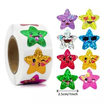 500/1000 шт. Красочные клейкие голографические наклейки в виде звезд, рулон наклеек для альбомов, зоопарка, фермы, этикетки для подарков для детей, игрушки своими руками