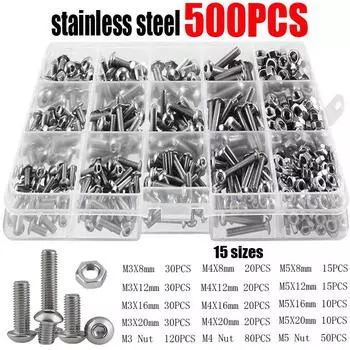 500/440Pcs M2 M3 M4 M5 Hex Hexagon Socket Screw Set Stainless Steel Flat Round Cap Head Screw Kit Bolts and Nuts Allen bolts Set