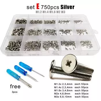 500/750pcs M1.2 M1.4 M1.6 M2 M3 Mini Micro Phillips Thin Wafer Flat Head Screw Bolt for Laptop Phone Glasses Set Assortment Kit