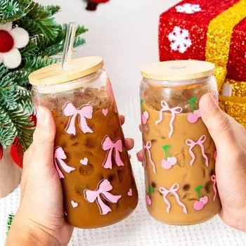 500 мл/16,9 унций Вишневый бант стеклянный стакан Мейсона в форме банки для воды с крышкой и трубочкой для холодного кофе сока питьевая чашка подарок 500ml