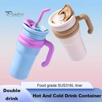 500 мл/700 мл термокружка из нержавеющей стали для двух напитков с ручкой и соломинкой портативная герметичная дорожная кружка для мальчиков и девочек 500ML светло-синий