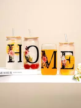 500 мл Буквы Цветок AZ Кофейные чашки Офис Дом 16 унций Стеклянная чашка с бамбуковыми крышками и соломинкой Подарки на день рождения ко Дню святого Валентина Чашка для женщин 401-500ml