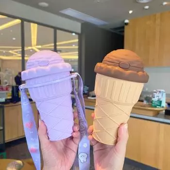 500 мл чашка для питья с соломой в форме мороженого, бутылка для питьевой воды, герметичные милые бутылки для воды с регулируемым ремешком 500ml фиолетовый