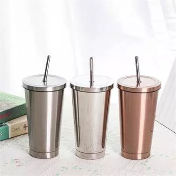 500 мл Двойные стенки 304 Нержавеющая сталь Кофе Бутылка с трубочкой Дорожная кружка для сока Вода Чай Молоко Кружки Кухонная посуда