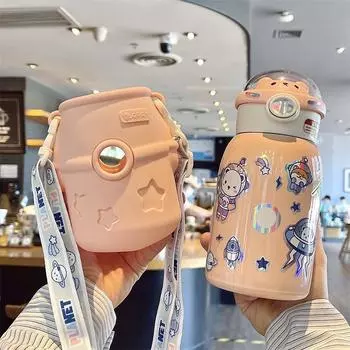 500 мл милая термальная бутылка для воды для детей, кружка-термос с соломой и крышкой для бутылки, изолированная чашка из нержавеющей стали, посуда для напитков 450-500ml фиолетовый