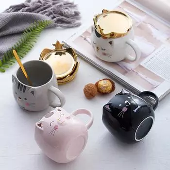 500 мл мультяшная кружка с изображением животных в виде короны и кошки, керамическая кружка с крышкой и ложкой, парная кружка, керамическая кружка, домашняя посуда, кружка 500ML