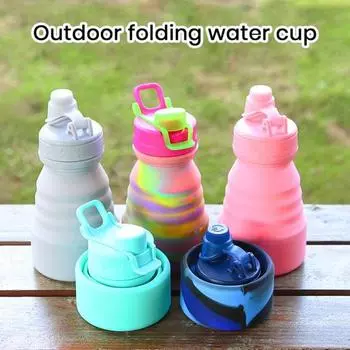 500 мл пластиковая складная чашка с крышкой, герметичная портативная посуда большой емкости для пищевых продуктов, красочная кружка для воды для занятий спортом на открытом воздухе, пешего туризма, путешествий A светло-синий