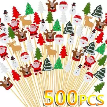 500 шт. рождественские бамбуковые палочки для еды зубочистки Санта десерт шведский стол фруктовый салат рождественские украшения новогодние принадлежности для рождественской вечеринки 50PCS-1SET