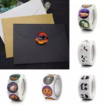 500 шт./рулон, наклейка на Хэллоуин, конфетная наклейка, тыквенный скелет, узор, праздничная сумка, уплотнительные этикетки для праздника A