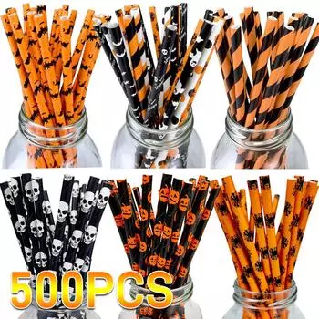 500 шт. сувениров для вечеринки на Хэллоуин бумажные трубочки черные и оранжевые вечерние биоразлагаемые питьевые полосатые трубочки для Хэллоуина 25PCS