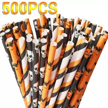 500 шт. сувениров для вечеринки на Хэллоуин бумажные трубочки черные и оранжевые вечерние биоразлагаемые питьевые полосатые трубочки для Хэллоуина 25PCS