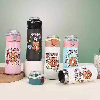 500 мл Детская термокружка с выдвижной крышкой, большая емкость, термокружка с милым мультяшным рисунком, термокружка из нержавеющей стали для путешествий чёрный