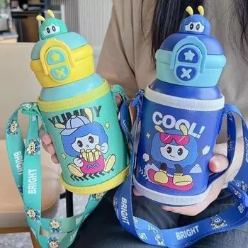 500ml Children Thermal Cup Pop-up Lid Large Capacity Insulated Cup Stainless Steel Cute Cartoon Travel Insulated Bottles 500ml синий