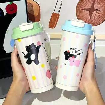 500ml Creative Cartoon Stainless Steel 316 Vacuum Flask With Straw Leak-Proof Coffee Tea Cold Drink Car Thermos Mug Tumbler 500ml зелёный