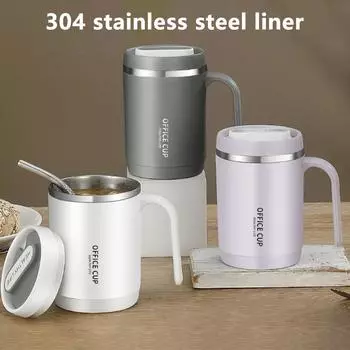 500ML Creative Coffee Water Cup 304 Stainless Steel with Straw Large Capacity Thermos Cup Breakfast Couple Mug Milk Coffee Cup 500ml серый