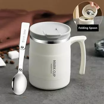 500ml Stainless Steel 304 Coffee Mug With Folding Spoon and Lid Creative Office Home Milk Tea Breakfast Handle Cup 500ml