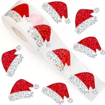 500pcs Red Christmas Santa Hat Stickers with Glittering - Laser-Cut Self-Adhesive Waterproof Decoration for Holiday Cards, Gifts, Party Decorations 500pcs