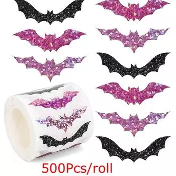 500pcs/roll Bat Seal Stickers Gift Packaging Labels Laser Journal Decor Self-Adhesive Decals Halloween Waterproof Window B