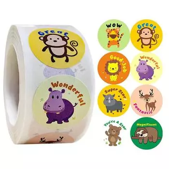 500Pcs/Roll Cute Cartoon Animals Stickers Journal Scrapbooking Reward Sticker B
