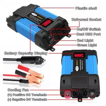 500W Power Inverter DC 12V to AC 110V Car Charger Converter with Dual USB Ports 8 Safety Protection Suitable