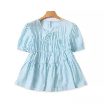 504 Summer New Arrival Western Style Chest Smocking Casual French Style One Button Short Sleeve Shirt Sky Blue L