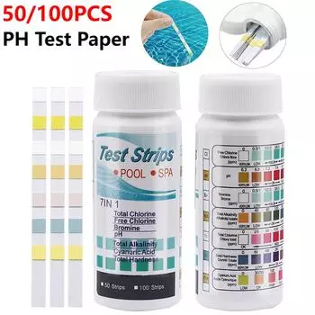 50/100 шт. полоски для проверки pH воды, многоцелевые 7-в-1, тестовые полоски для определения хлора, pH, щелочности, жесткости, бумажные тестеры для воды в бассейне