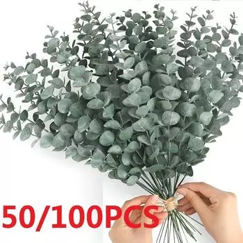 50/100 шт. Смешанные искусственные цветы, стебли эвкалипта, листья, букет, овальная ваза, цветочный букет, свадебная зелень, рождественский декор 50pcs