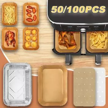 50/100PCS Rectangle Air Fryer Liners Disposable Rectangle Airfryer Paper Nonstick Special Baking Paper for Dual Basket Pads
