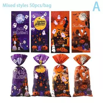 50/100Pcs Scary Ghost Pumpkin Happy Halloween Candy Gift Bags Trick Or Treat Bags Party Favor Packaging Bags 50pcs