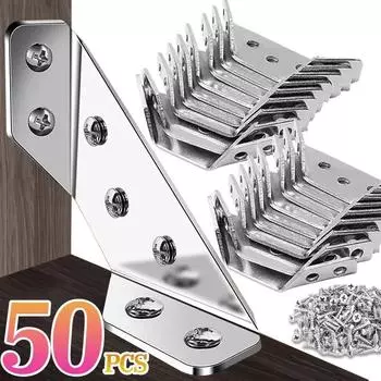 50/1 комплект угловых кронштейнов из нержавеющей стали для мебели, угловых полок, соединителей для шкафов, крепежных рамок, угловых скоб с винтами