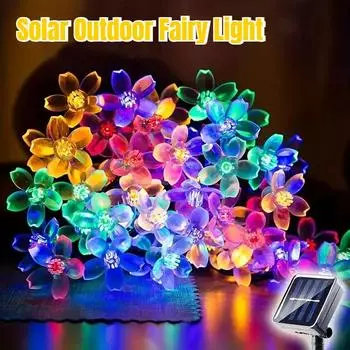 50/20 светодиодных солнечных гирлянд, 8 режимов, уличные солнечные светильники в виде цветка вишни, рождественские украшения для патио, сада, свадьбы, вечеринки 5M 20LED теплый белый