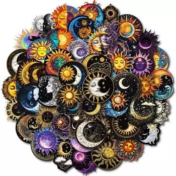 50 черных художественных наклеек с луной и солнцем для мобильных телефонов, компьютеров, шлемов