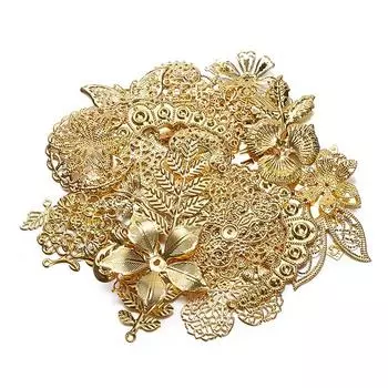 50 г/лот, смешанные металлические цветочные листья, филигранные обертки, соединители, подвески, бусины, колпачки золотой