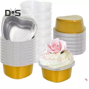 50 комплектов чашек для кексов, термостойкая алюминиевая фольга, мини-форма для торта в форме сердца, аксессуары для выпечки 100ML красный