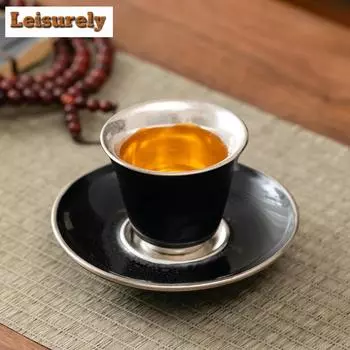 50 мл черная глазурованная керамическая чашка Tianmu, позолоченное серебро 999 пробы, дегустационная персональная чайная чаша с блюдцем, кружка Chazhan, подарки