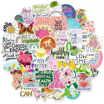 50 наклеек о психическом здоровье, маленькие свежие мультяшные английские короткие предложения, водонепроницаемая декоративная наклейка для стакана с водой для скейтборда