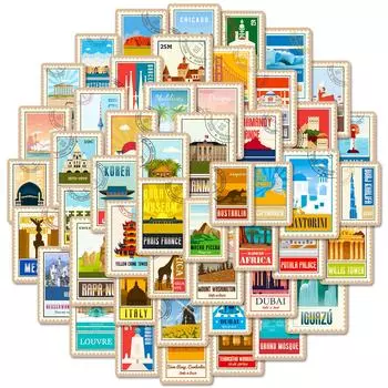 50 наклеек с мировыми достопримечательностями, граффити-наклейки с архитектурными достопримечательностями, наклейки для ноутбуков, велосипедов и автомобилей