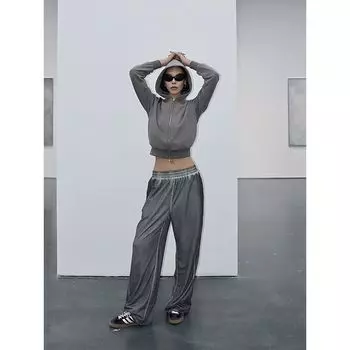 [50% off] Fall and Winter Future Sense Distressed Gray Low Waist Double Layer Fabric Mesh High Street Wide Leg Track Pants Grey S