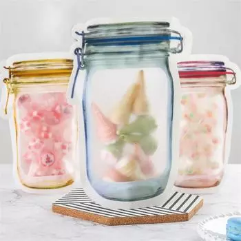 50 Pcs Reusable Mason Jar Bottles Bags Nuts Candy Cookies Seal Fresh Food Storage Bag Snacks Zipper Sealed Kitchen Organizer 13.5x20x3cm